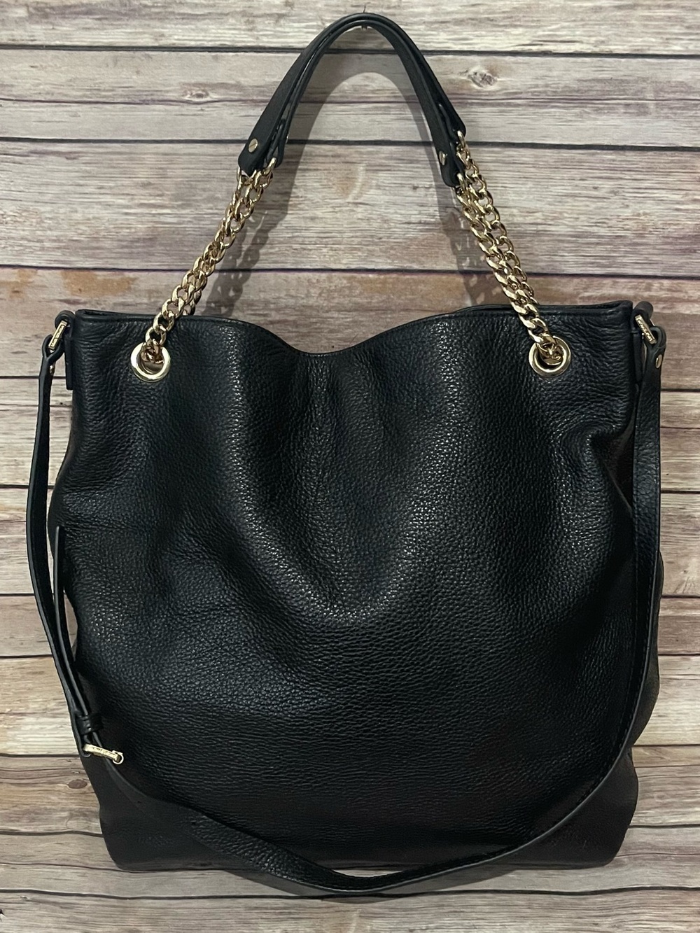 Michael Kors Jet Set Black Pebbled Leather Gold Chain Tote